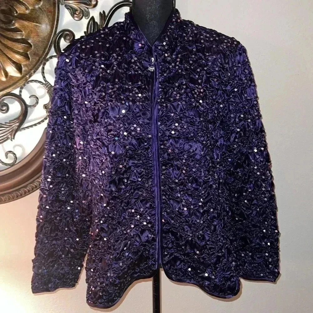 MSK Purple Scrunchie Sequin Full-Zip Evening Dress Party Wedding Jacket Size L